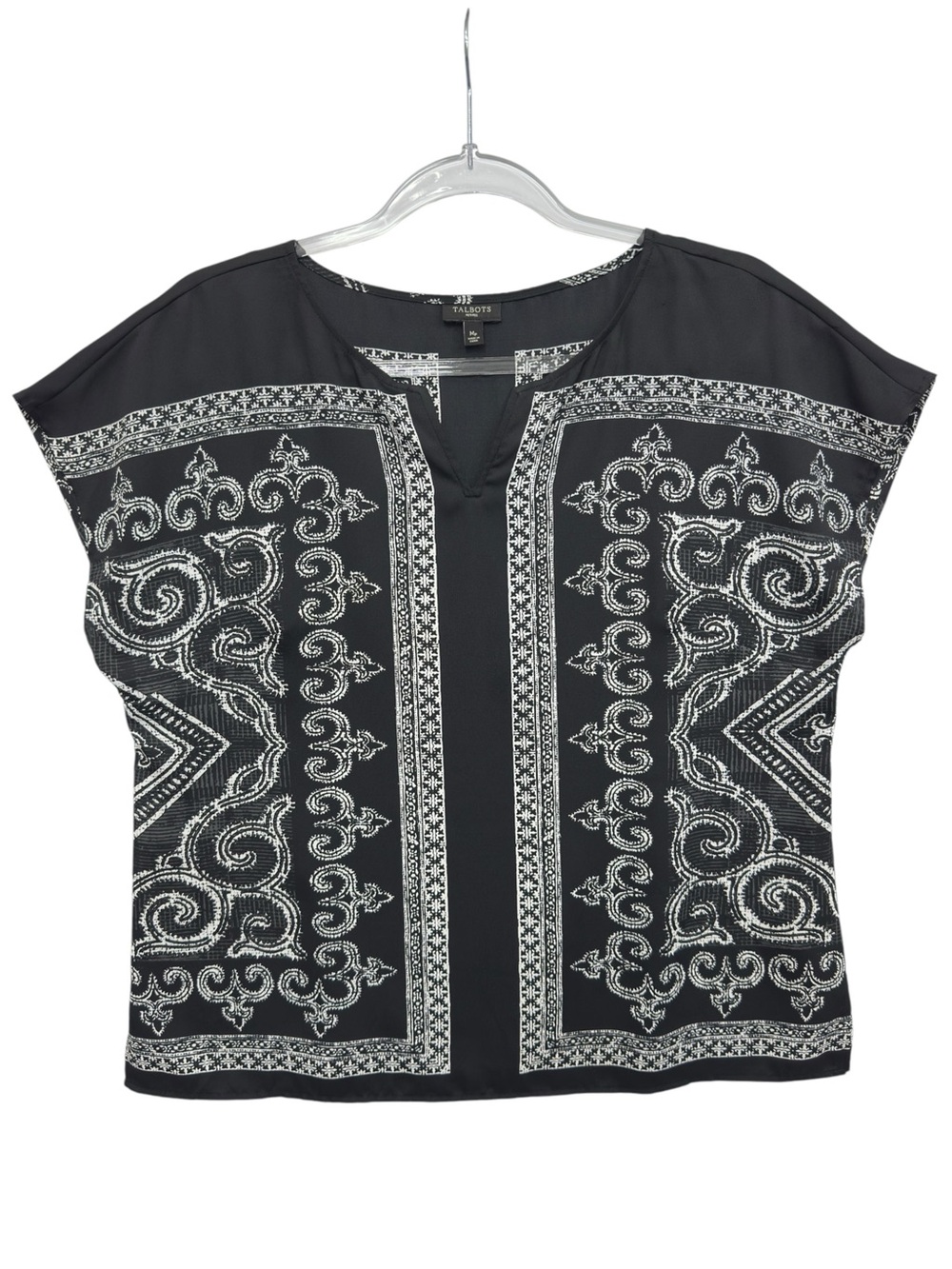 Talbots Black and White Split-Neck Paisley Border Print Top